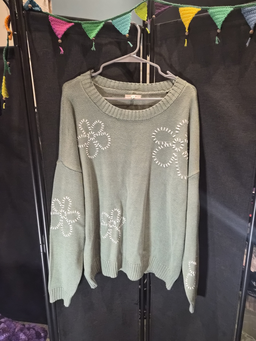 💚 Sage Green Floral Stitch Crewneck Sweater